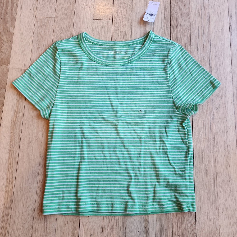American Eagle Outfitters Green Striped Short Sleeve Tee